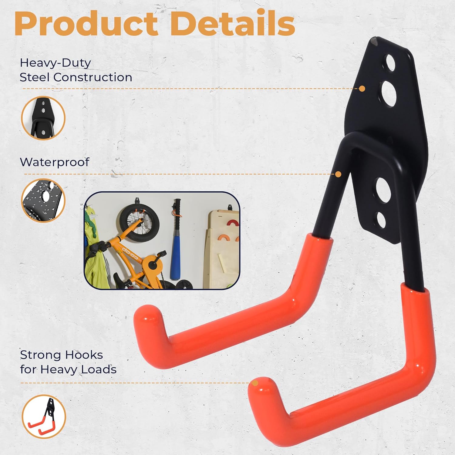 Steel Heavy Duty Garage Hooks by [Brand Name] - 28 Pack Anti-Slip Wall Mount Organizer for Bikes, Ladders & Tools | Orange