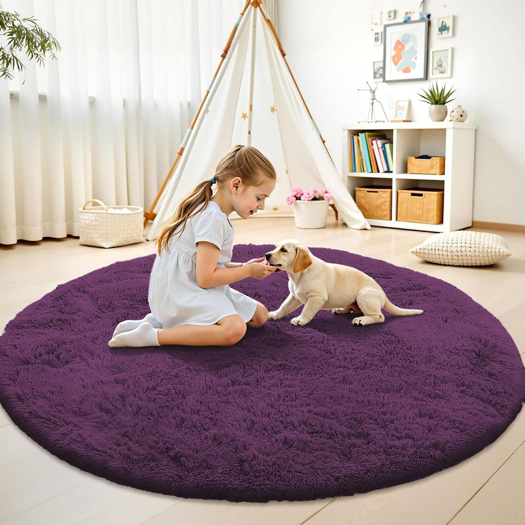 OLANLY Round Dark Purple Area Rug - Soft, Fluffy, Machine Washable 5 ft Circle Carpet for Bedroom & Living Room