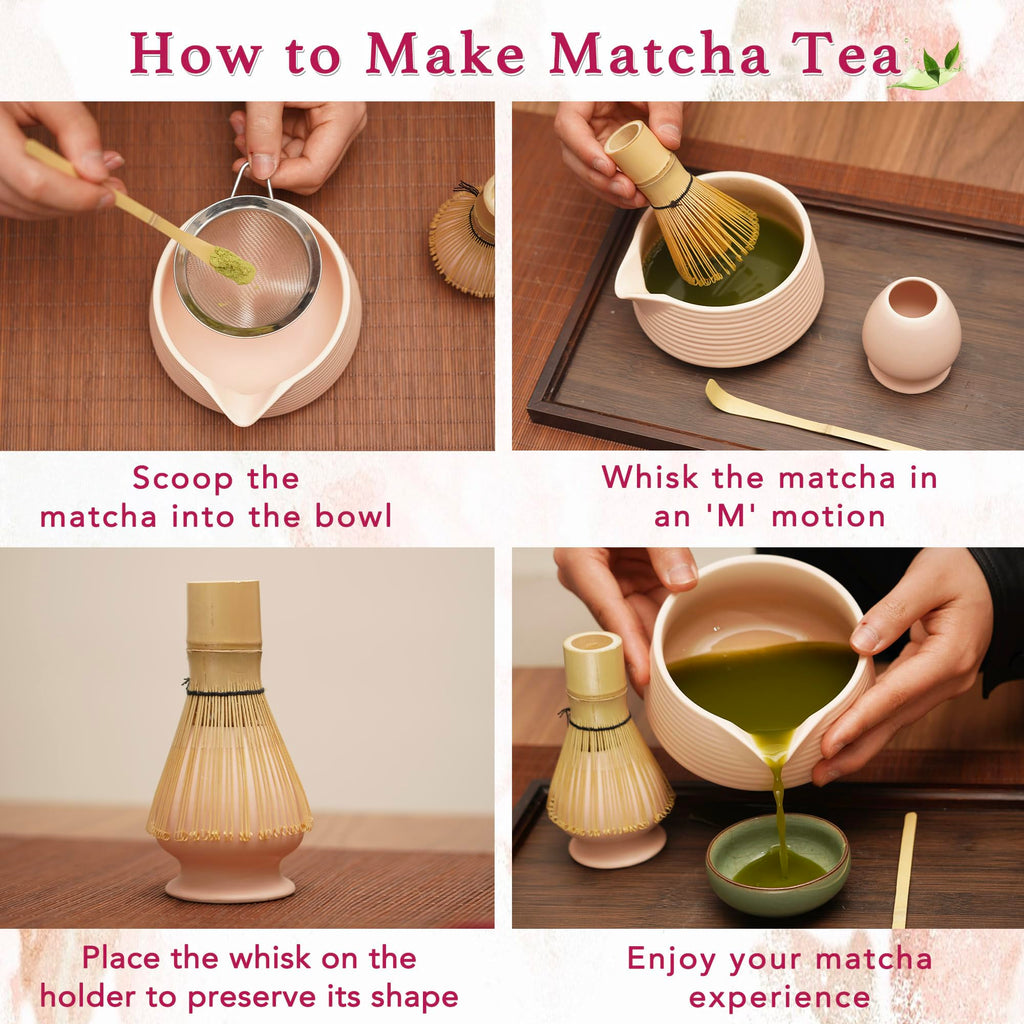 EINZUFUF Matcha Set - 4-Piece Japanese Matcha Whisk Set, Includes Bowl with Spout, Whisk, Scoop & Holder, Ceramic White