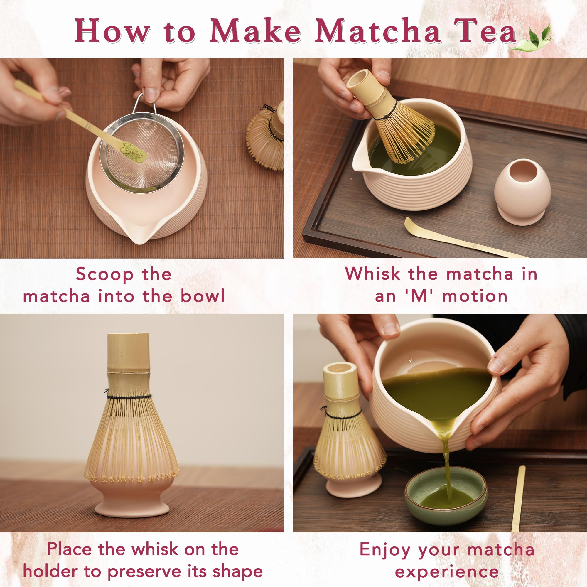 EINZUFUF Matcha Set - 4-Piece Japanese Matcha Whisk Set, Includes Bowl with Spout, Whisk, Scoop & Holder, Ceramic White