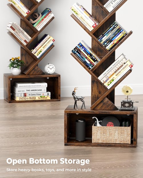 Evermagin 6 Tier Tree Bookshelf with Smart Light, Small Bookcase Tower with Remote Control, Tall Floor Standing Book Organizer for Living Room, Bedroom & Home Office, Rustic Brown