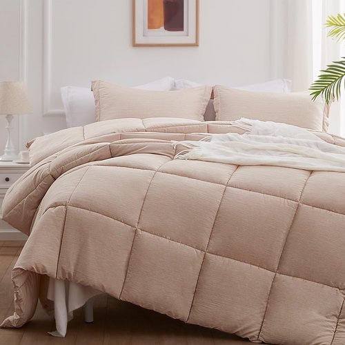 NexHome Queen Comforter Set 3 Pieces Beige Soft Luxury Cationic Dyeing Comforter for All Season, Lightweight Breathable Fluffy Beige Bedding Sets with 1 Comforter and 2 Pillow Shams Queen
