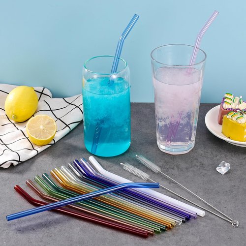 14 Pcs Reusable Bent Colorful Glass Straws,9''x8 mm Shatter Resistant Cute Drinking Straws with 2 Cleaner Brush for Coffee,Juice,Cocktail,Teas,Beverages