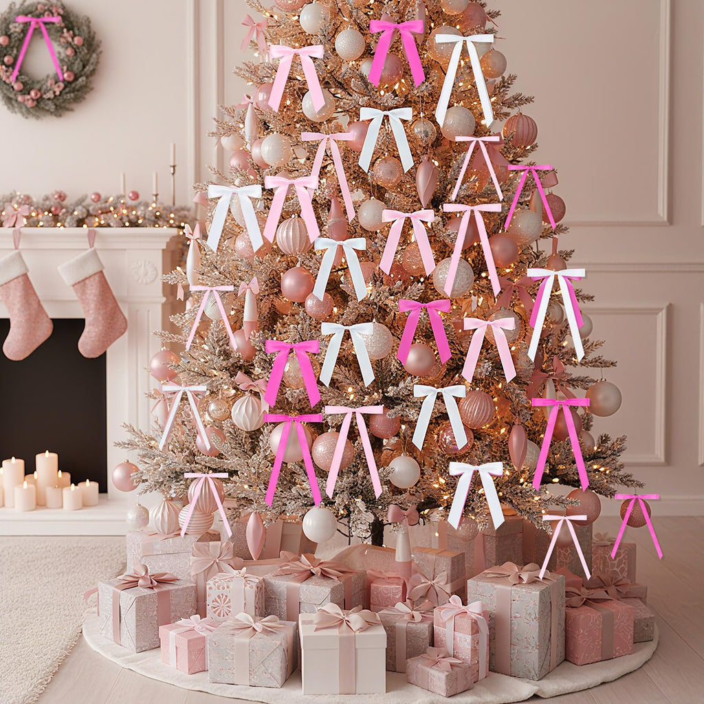 Suncalla 60 Pcs Bow Wall Decor, DIY Bows Party Decorations, Satin Ribbon Bow Garland Photo Backdrop for Birthday Baby Shower Bridal Shower Bachelorette Wedding Party Decor(Pink Series)