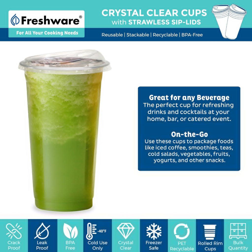 Freshware 24 oz Clear Disposable Plastic Cups - Heavy-Duty Tumblers with Strawless Sip Lids | 100 Pack for Parties