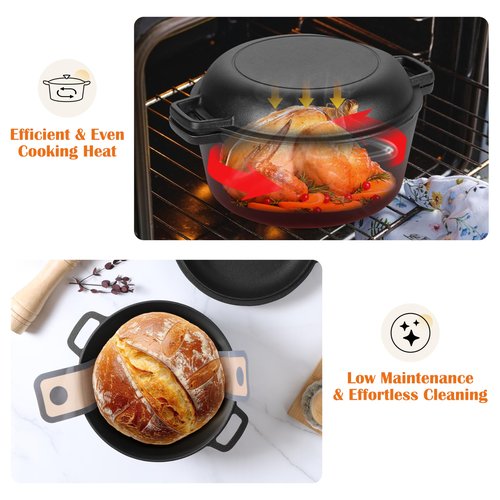 E-far 5QT Dutch Oven for Bread Baking, 2-IN-1 Cast Iron Pot with Skillet Lid & Sourdough Starter Kit, Bread Oven Pan with Baking Supplies for Frying, Braising, BBQ, Rust-Free & Heavy Duty