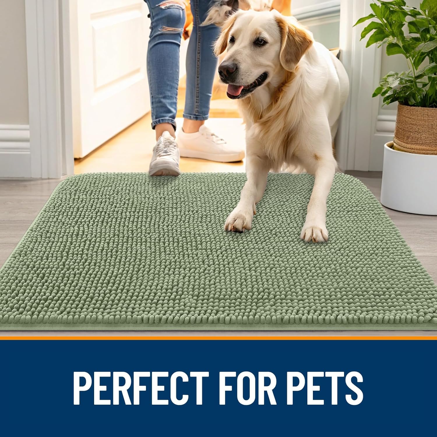 OLANLY Dog Door Mat - Absorbent Non-Slip Chenille Mat for Muddy Paws | 70x35 Sage Green, Quick Dry