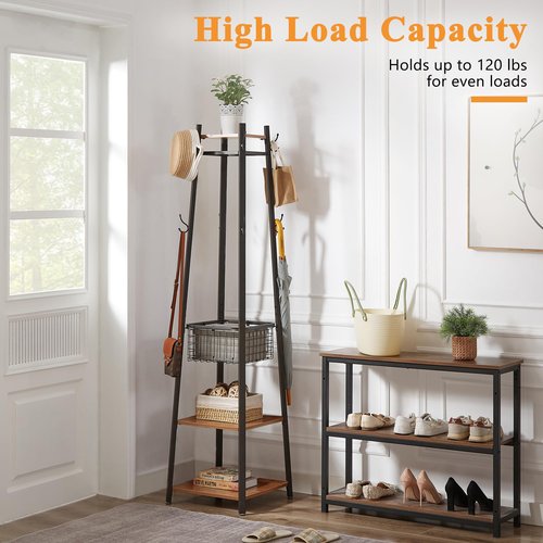 VECELO Coat Rack Freestanding,Hall Tree with Metal Basket and Storage Shelves,Industrial Coat Stand with 8 Hooks for Hanging Coats/Hats/Bags/Umbrellas,18 x 18 x 72 In,Antique Brown
