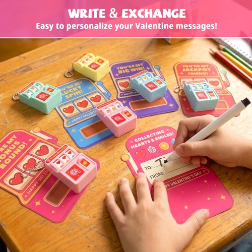Gocozer Valentines Day Cards for Kids School – 28 Pack Mini Slot Machine Toys with Valentines Greeting Cards, Classroom Exchange Valentines Gifts, Bulk Set for School Valentines Party