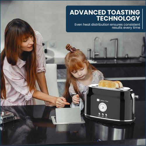 Frigidaire ETO102-WHITE, 2 Slice Toaster, Retro Style, Wide Slot for Bread, English Muffins, Croissants, and Bagels, 5 Adjustable Toast Settings, Cancel and Defrost, 900w, Black