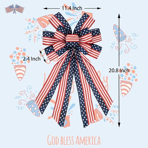 Large Patriotic Bow Wreath by [Brand Name] - 4th of July Decor with American Flag Design | Indoor/Outdoor Red & Blue Stars, 11.4x20.8''