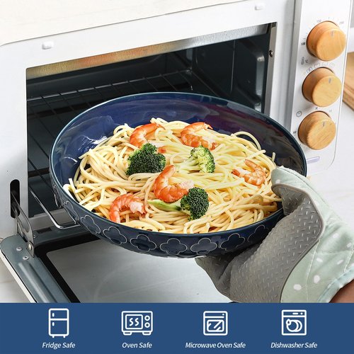 Sureasy 9.7" Pasta Bowls Set of 4-42 oz Large Salad Bowls for Kitchen, Embossed Ceramic Serving Bowls for Fruits, Soup, Pasta and Salad, Microwave & Dishwasher Safe, Blue