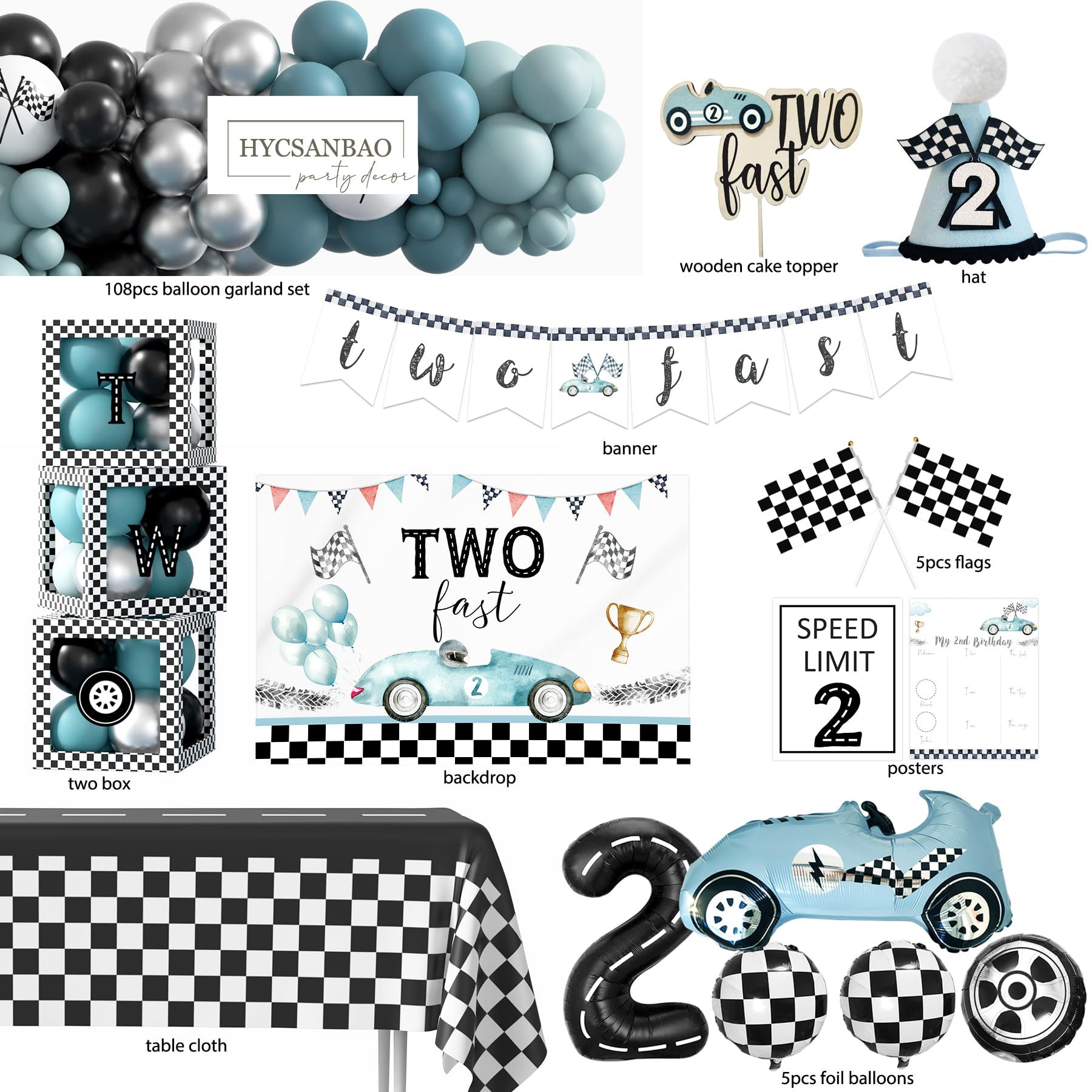 Two Fast Birthday Decorations, 2nd Birthday Decoration for Boys, Race Car Party Supplies for 2 Year Old with Balloon Garland Backdrop Tablecloth Box Crown Cake Topper