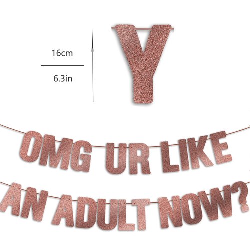18th Birthday Decorations for Girls, Pre-Strung OMG UR LIKE AN ADULT NOW Banner - Rose Gold Glitter, Happy 21st Bday Sign Gifts for Her，21 & 18 Year Old Party Decor