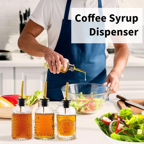 Syrup Dispenser Bottles Set of 3, Simple Syrup Bottle for Coffee Bar Accessories,7 oz Glass Coffee Syrup Containers for Maple Honey Syrup Oil, with Metal Pour Spouts, Stoppers,Condiments Dispenser