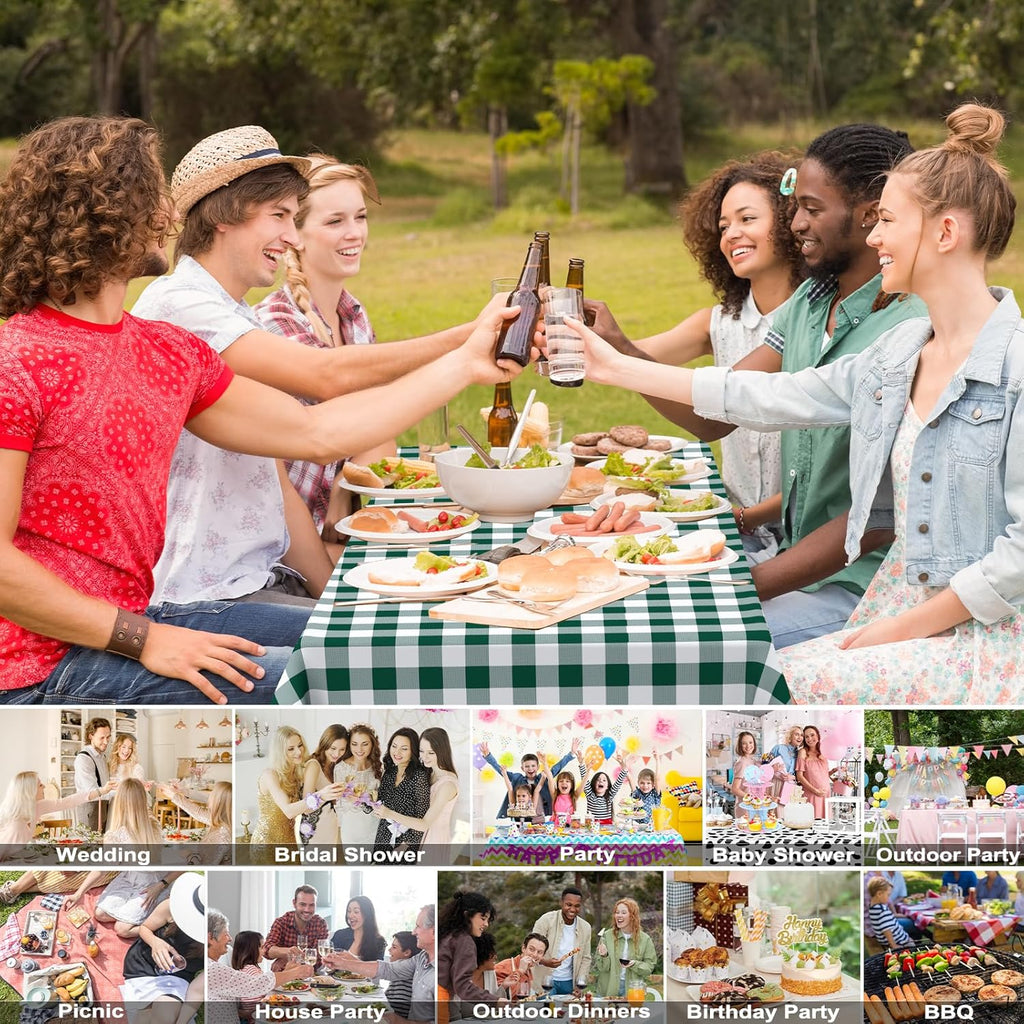 Skiennix Disposable Green Gingham Tablecloths - Waterproof Checkered Design | 54" x 108" for Parties & Picnics
