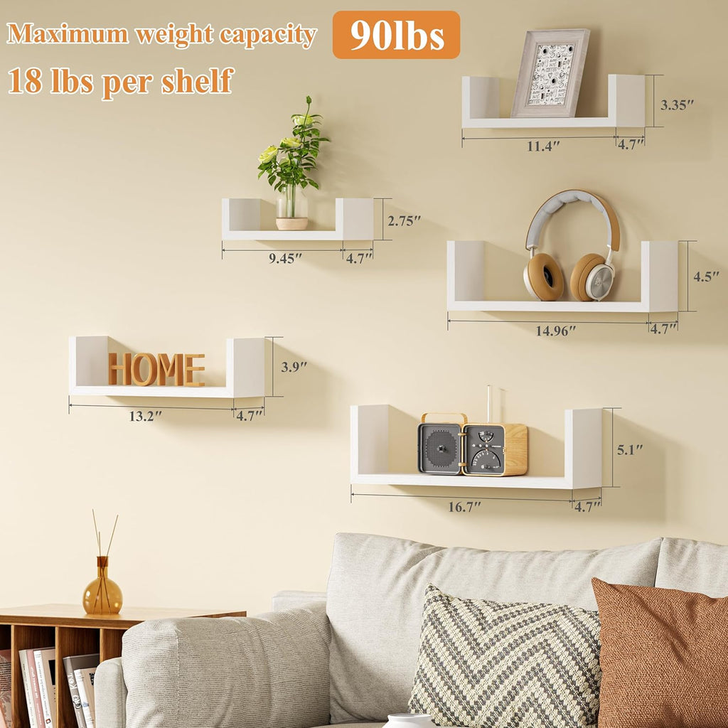 SRIWATANA Floating Wall Shelves - Set of 5 Wood Shelves for Home Decor | Versatile for Bathroom, Bedroom, Kitchen, Office - Washed White