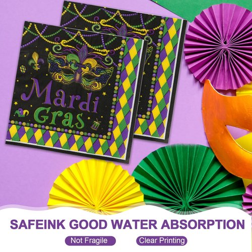Dereinwo 50 Pcs Mardi Gras Party Large 12" x 10" Oval Paper Plates and Napkins Disposable Heavy Duty Paper Plates and Napkins for Mardi Gras Party Supplies
