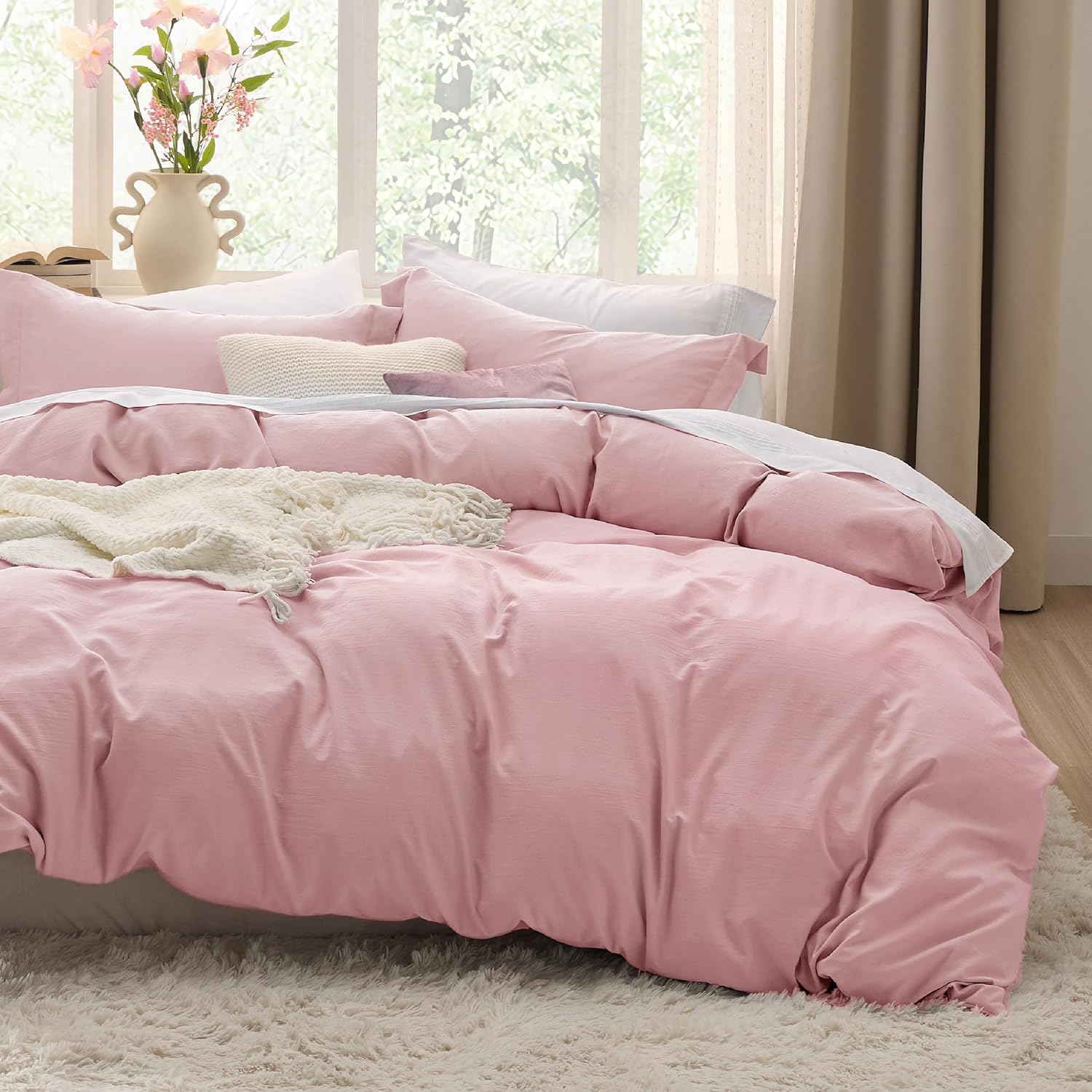 Bedsure Pink Duvet Cover Set - Soft Cotton-Like Polyester, Full Size 3-Piece Bedding Set, 80x90" with Zipper Closure