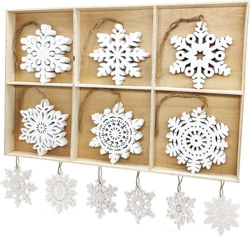GSD Wooden Snowflake Ornaments - 30pcs Rustic Hanging Decor for Christmas Trees | 3-Inch White
