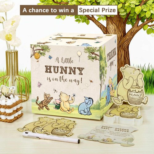 51Pcs Classic Winnie Bear Baby Shower Decorations Diaper Raffle Box with Tickets, Neutral Vintage Bear Baby Shower Games Winnie Gender Reveal Decorations (Neutral)