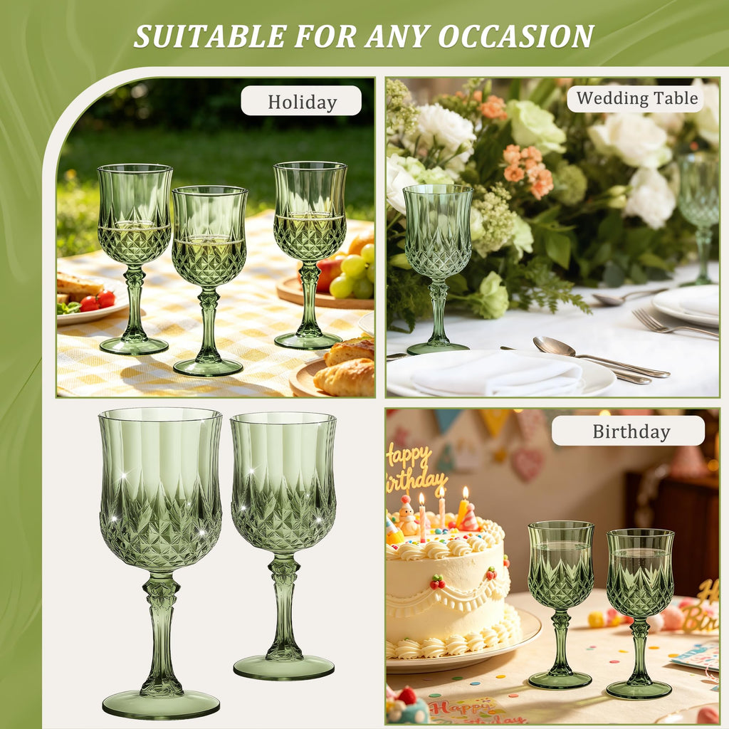 HTTBEIZI 7OZ Plastic Wine Glasses, Reusable Vintage Goblets Unbreakable Drinking Glasses Crystal Water Cups Champagne for Wedding, Parties (48, Light Green)