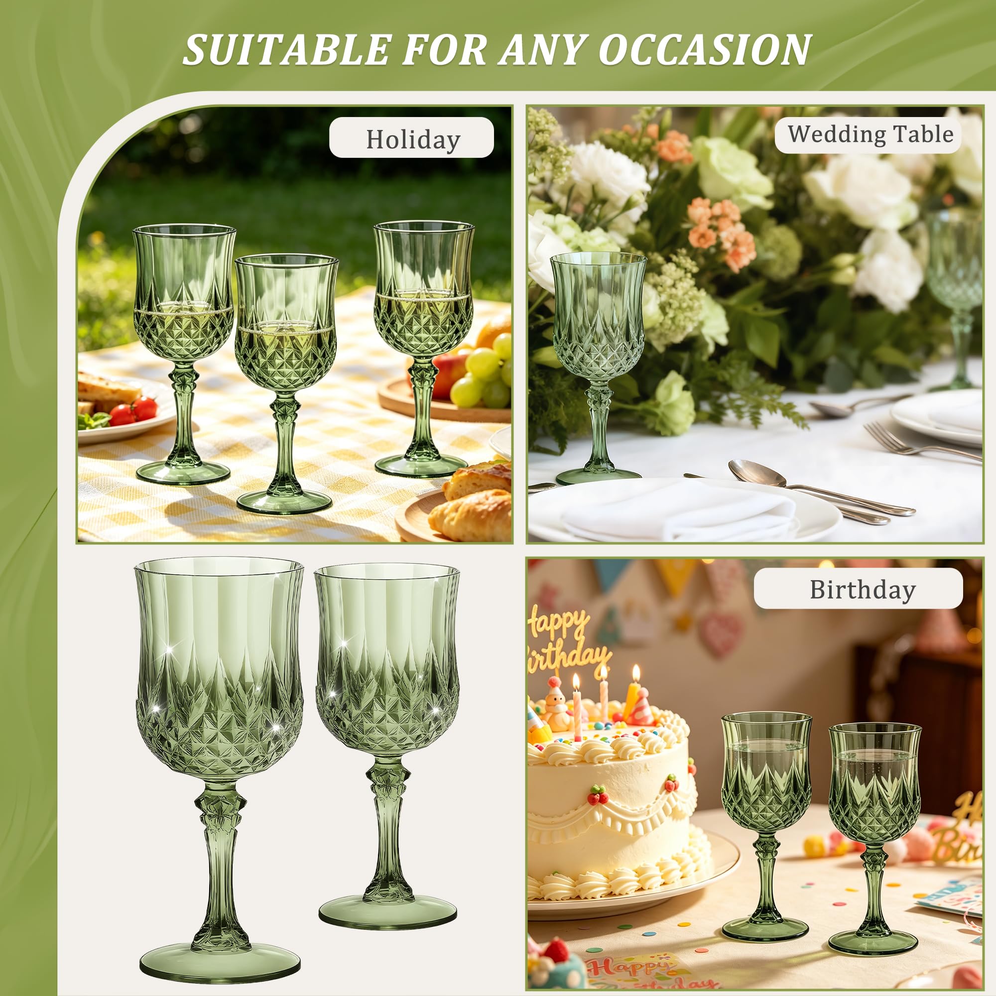 HTTBEIZI 7OZ Plastic Wine Glasses, Reusable Vintage Goblets Unbreakable Drinking Glasses Crystal Water Cups Champagne for Wedding, Parties (48, Light Green)