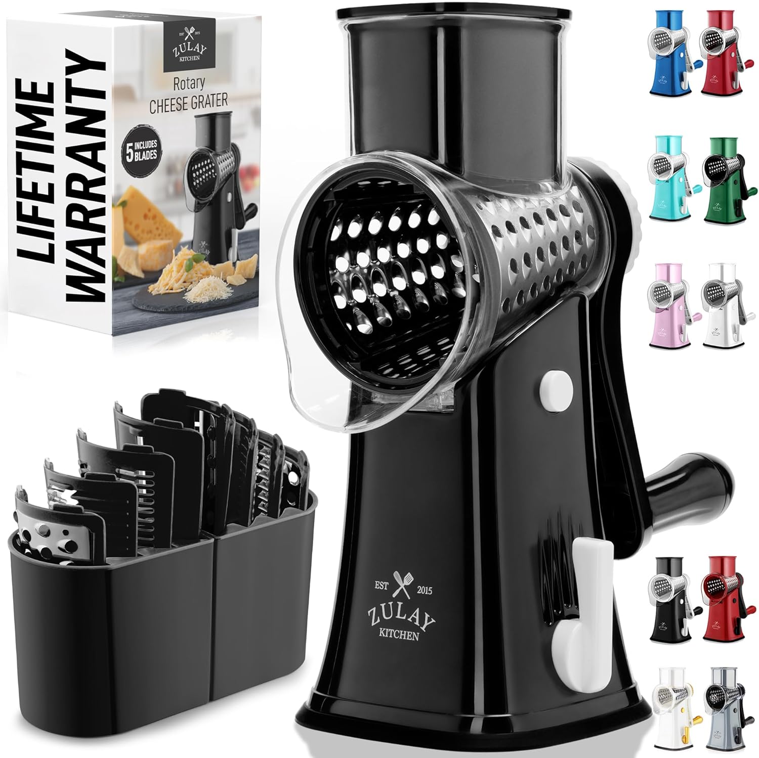 Zulay Kitchen Rotary Cheese Grater - 5 Blade Manual Cheese Shredder with Suction Base & Interchangeable Drums