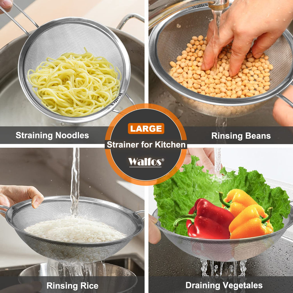 Walfos Large Fine Mesh Strainer 9.35" & 7.8", Stainless Steel Mesh Sieve with Sturdy Handle, Kitchen Metal Food Strainers for Quinoa, Rice, Pasta, Fruits, Vegetables, etc., Set of 2