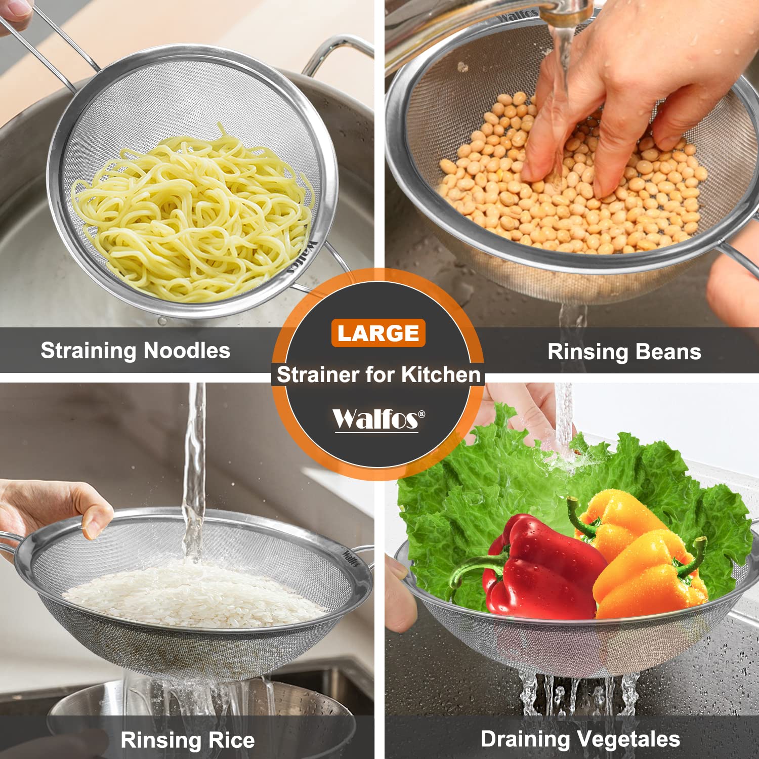 Walfos Large Fine Mesh Strainer 9.35" & 7.8", Stainless Steel Mesh Sieve with Sturdy Handle, Kitchen Metal Food Strainers for Quinoa, Rice, Pasta, Fruits, Vegetables, etc., Set of 2