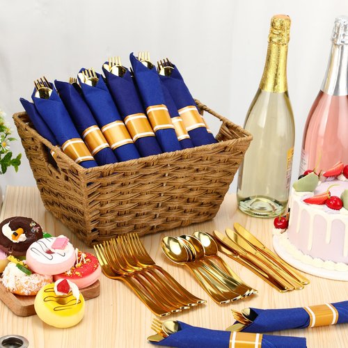 Zubebe 100 Pack Pre Rolled Silverware Set Disposable Wrapped Plastic Cutlery Set with Napkin Disposable Utensils Includes Forks Knives Spoons Napkins Wrapped for Party Dinners Wedding(Gold, Blue)