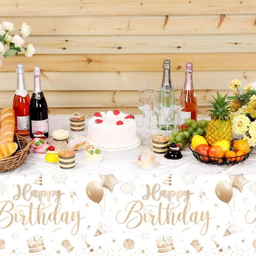 Tudomro 3 Pcs Happy Birthday Tablecloths Happy Birthday Party Decorations Plastic Table Cover Rectangular Cloths for Women Men Baby Shower Party Supplies, 108 x 54 Inch (Champagne)