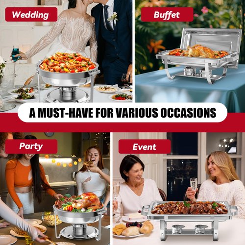 IMACONE Chafing Dish Buffet Set 2 Pack, 8 QT Rectangle & 5QT Round Stainless Steel Chafer for Catering, Chafers and Buffet Warmer Sets w/Food & Water Pan, Lid, Fuel Holder for Event Party Holiday