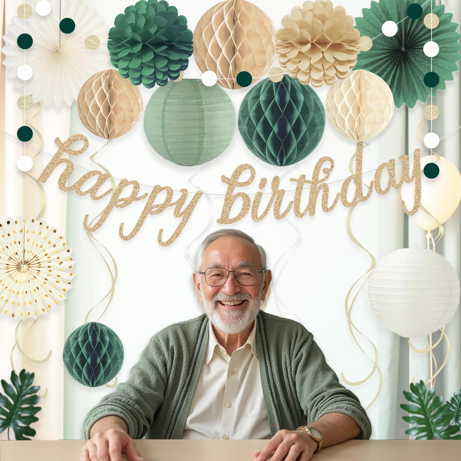 Sage Green Happy Birthday Decorations, Pre-Strung Happy Birthday Banner with Honeycomb Balls, Paper Flowers, Lanterns, Hanging Swirls, Circle Dots Garland for Birthdays Party Decorations 24pcs