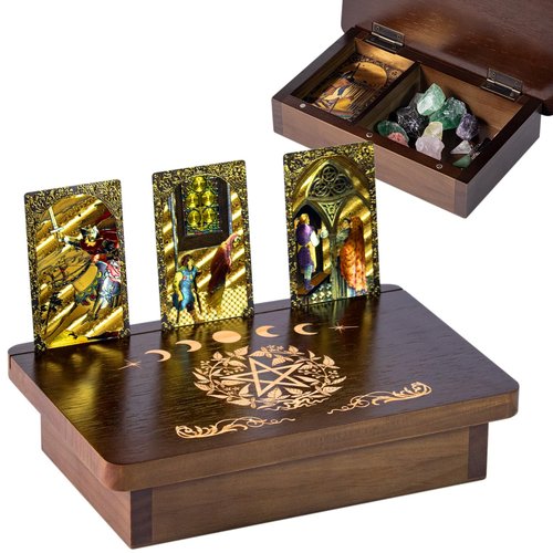 zyrnathar Wood Altar Table,Meditation Table with Storage Space and Tarot Card Holder,Tabletop Carved Sun and Moon Pattern Witchcraft Home Decor for Witchcraft Supplies, Divination, Prayer (A)