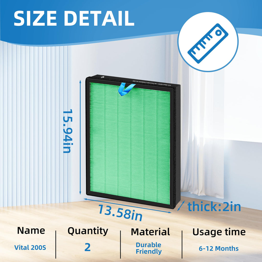 Vital 200S Toxin Absorber Replacement Filter for LEVOIT Vital 200S Air Purifier, 3-in-1 Filter and Efficiency Activated Carbon Filter, Replaces Vital 200S-RF-TX(LRF-V201-GUS), 2 Packs, Green