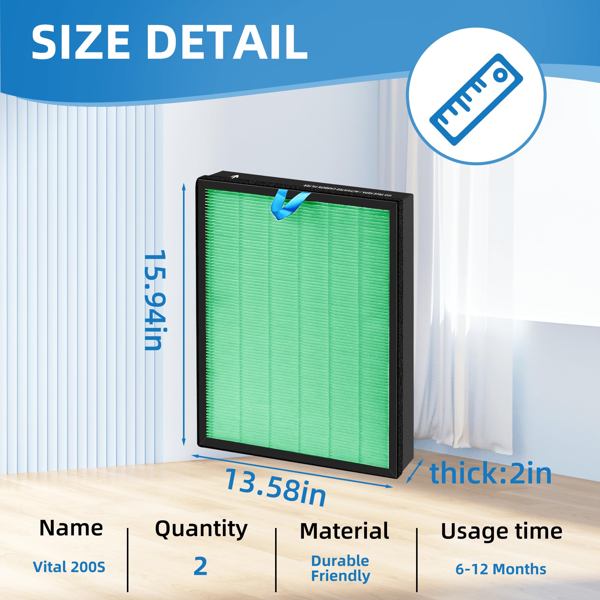 Vital 200S Toxin Absorber Replacement Filter for LEVOIT Vital 200S Air Purifier, 3-in-1 Filter and Efficiency Activated Carbon Filter, Replaces Vital 200S-RF-TX(LRF-V201-GUS), 2 Packs, Green
