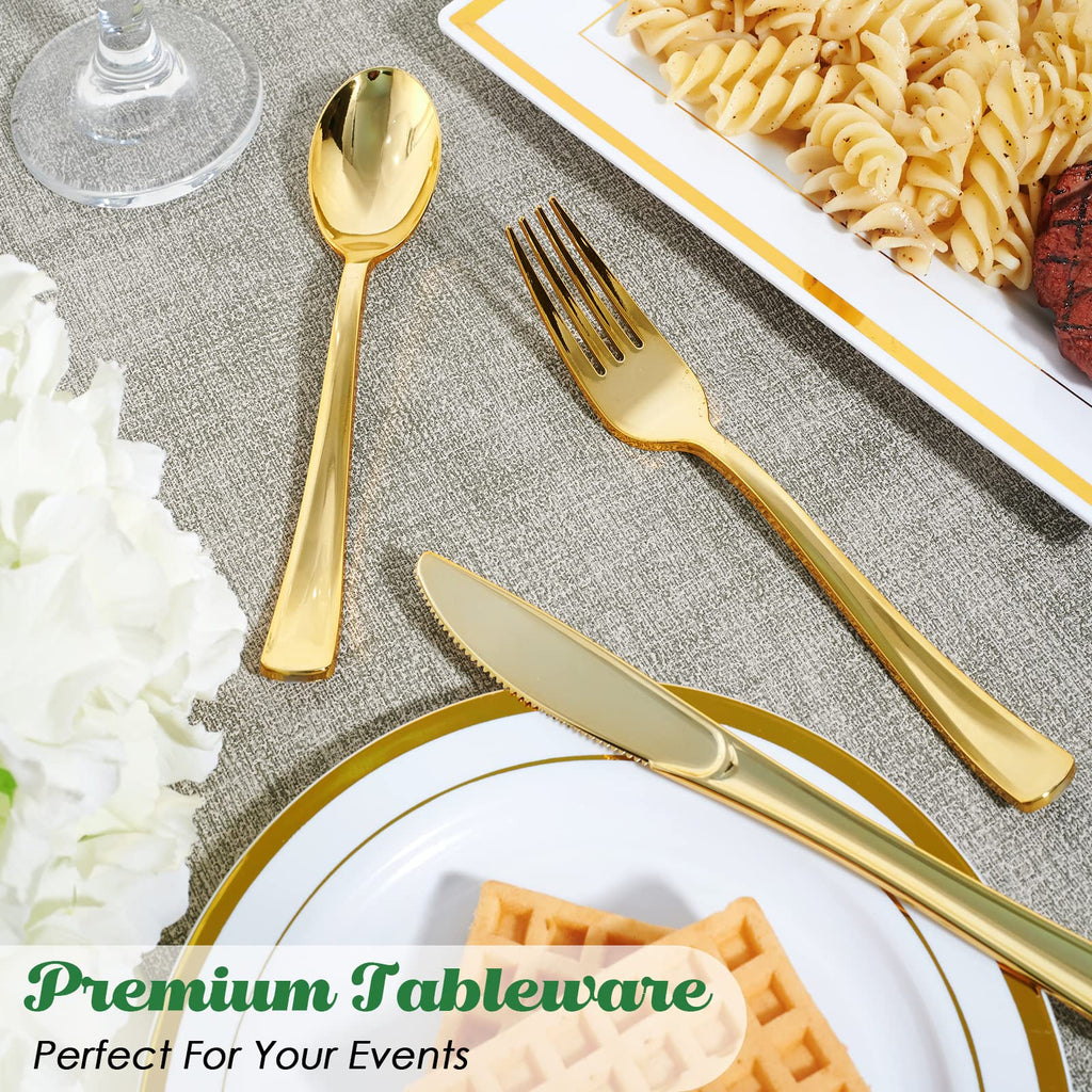 FOCUSLINE 75 Pack Gold Plastic Silverware Disposable Cutlery Set - 25 Forks Knives Spoons - Disposable Flatware Heavy Duty Plastic Utensils Set for Catering, Parties, Dinners, Weddings