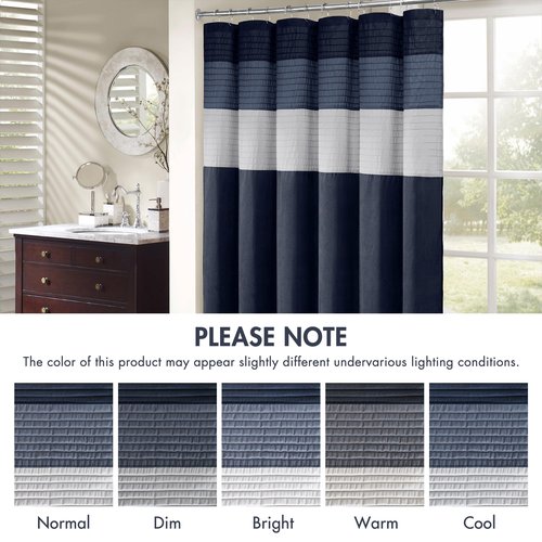 Madison Park Amherst Bathroom Shower Curtain Faux Silk Pieced Striped Modern Microfiber Bath Curtains, 72x72 Inches, Navy