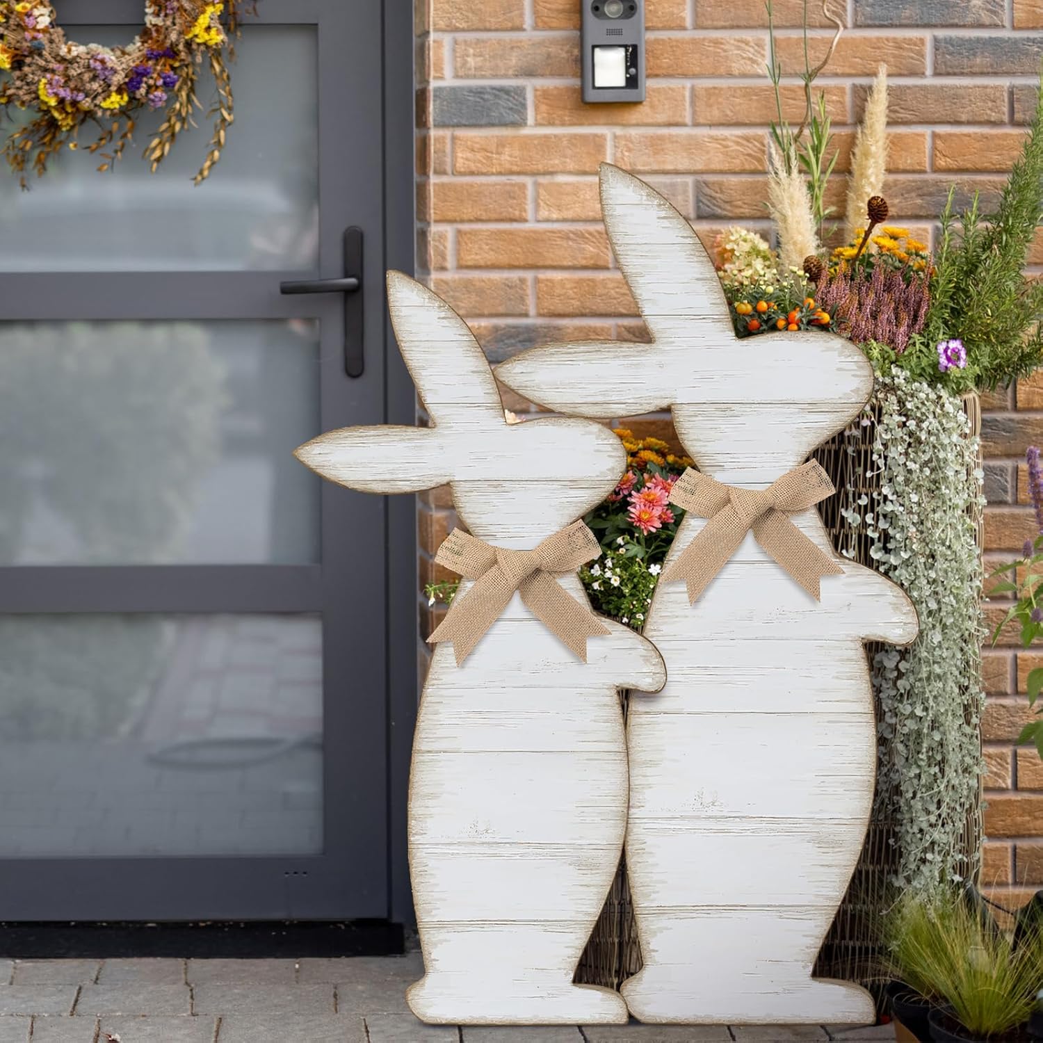 Yerliker Outdoor Easter Decorations - Rustic Wooden Bunny Signs for Porch | Large 31.6" & 27.56" Sizes