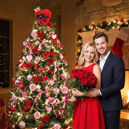 Capoda Valentine's Day Tree Topper Red Rose Heart Topper with Bows Decorations for Mini Christmas Tree 8 Inch Heart Treetop Ornaments for Valentines Galentines Day Holiday Wedding Party Supplies(Rose)
