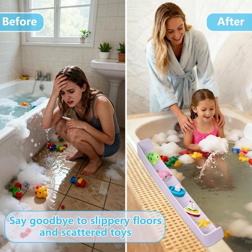 Bathtub Splash Guard for Kids, Long Flexible Silicone Shower Splash Guard with Suction Cups, 2-in-1 Tub Ledge Organizer for Bath Toys & Supplies, Prevents Water Spills, Keeps Floor Dry(Grey)