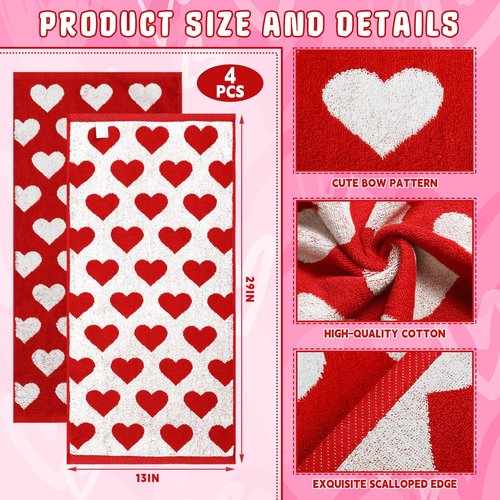 Frienda 4 Pcs Valentine's Day Hand Towels for Bathroom 13 x 29'' Soft 100% Cotton Red and White Hearts Decorative Towel Absorbent Valentine's Day Bathroom Decor for Drying Cleaning Cooking Gift