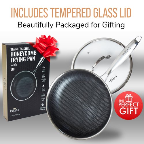 MUGAA 10” Non-Stick Stainless Steel Frying Pan with Lid | Honeycomb Hybrid Skillet for Induction, Gas & Electric Stovetops | Oven Safe, Dishwasher Safe | Premium Gift Packaging
