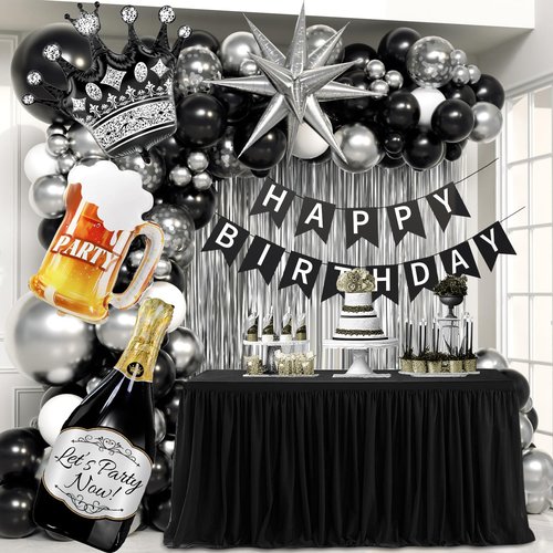 Black and Silver Birthday Party Decorations, Black Silver White Foil Balloons Happy Birthday Banner Fringe Curtains for 16th 18th 21st 24th 32th 40th 50th 60th Birthday Decorations for Men
