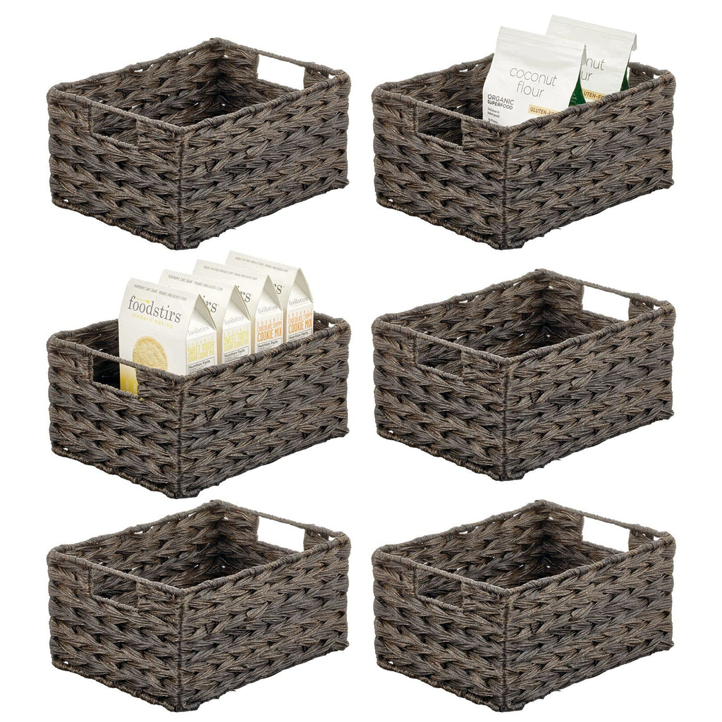 mDesign Woven Farmhouse Kitchen Pantry Food Storage Organizer Basket Bin Box - Container Organization for Cabinets, Cupboards, Shelves, Countertops - Store Potatoes, Onions, Fruit, 6 Pack, Camel Brown
