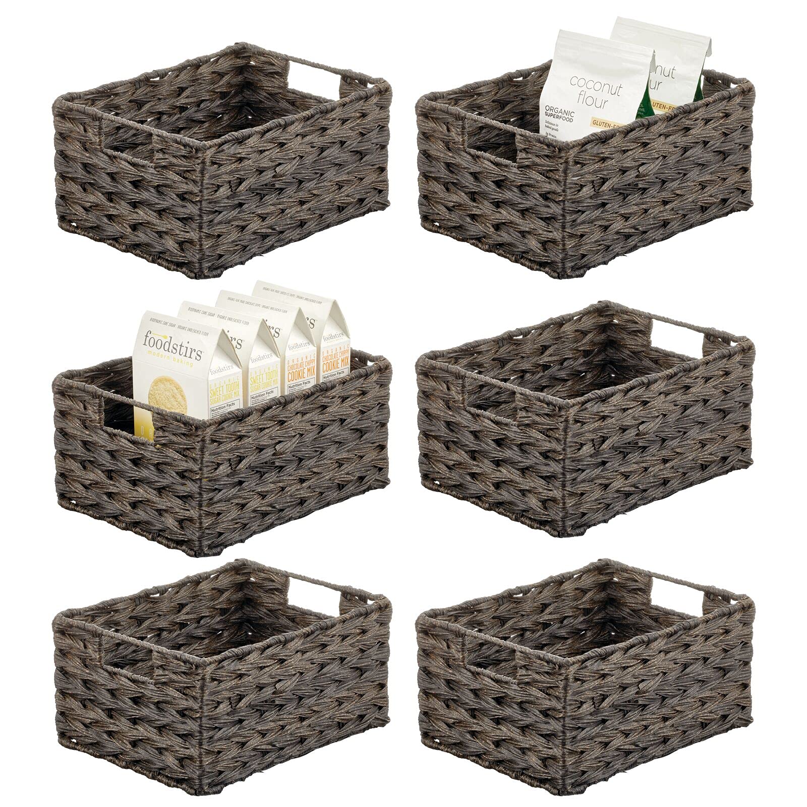 mDesign Woven Farmhouse Kitchen Pantry Food Storage Organizer Basket Bin Box - Container Organization for Cabinets, Cupboards, Shelves, Countertops - Store Potatoes, Onions, Fruit, 6 Pack, Camel Brown