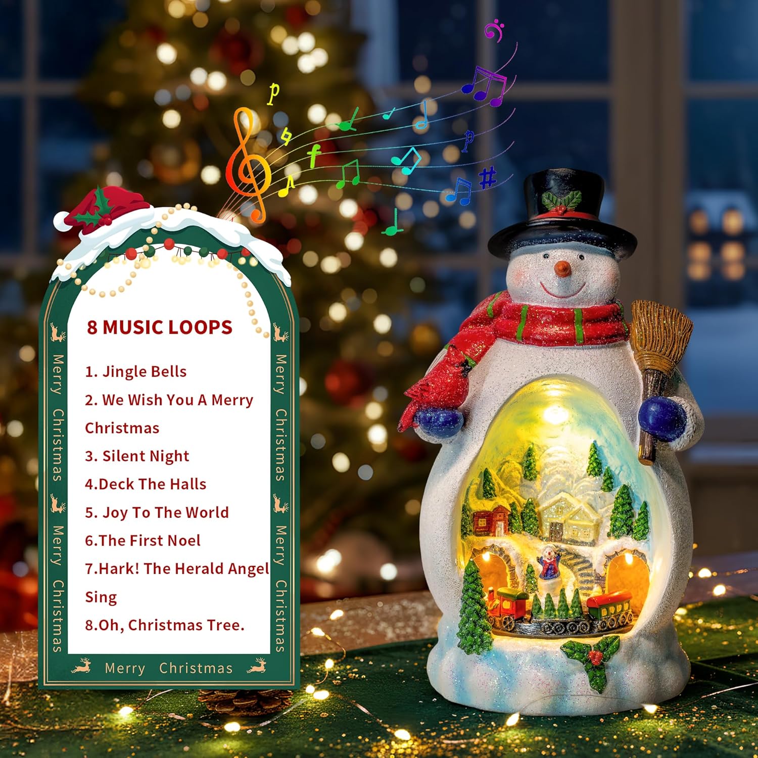 Snowman Figurine | Lighted Christmas Village with Animated Train - Battery/USB Powered Holiday Decor