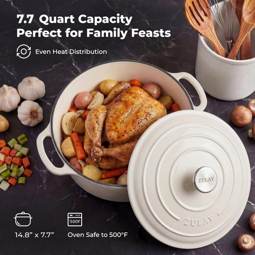 Zulay Kitchen 7.7 Quart Enameled Cast Iron Dutch Oven Pot with Lid – Premium Durability & Oven Safe up to 500°F – Heavy Duty Cookware Perfect for Bread Baking, Stews, Braising & Roasting – White