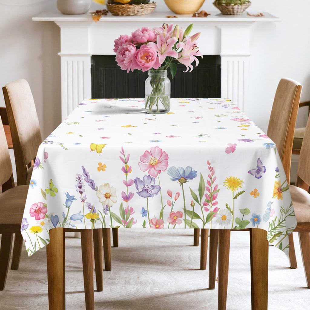 Arquiel Spring Summer Tablecloth Waterproof, Wild Flowers Butterfly Table Cloth Rectangle, Washable Table Cover for Party Picnic Wedding Outdoor Dining Decor (60×104 Inch)
